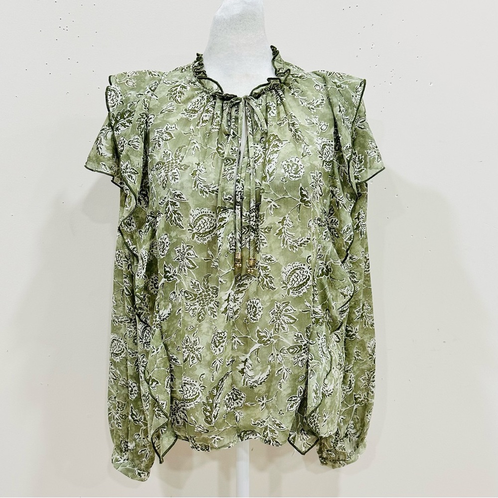 Zara Blouse Womens Green Paisley Floral Ruffle‎ Size M NWT